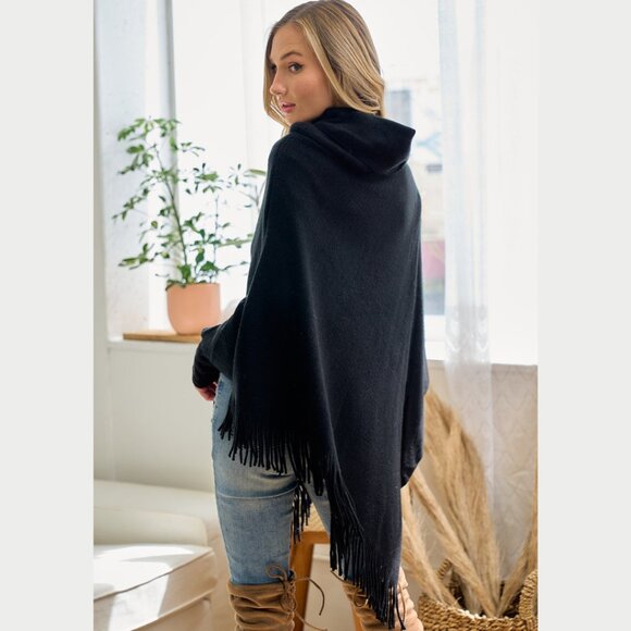 ON BLUE Black Light Weight Cowl Neck Poncho - Picture 14 of 16